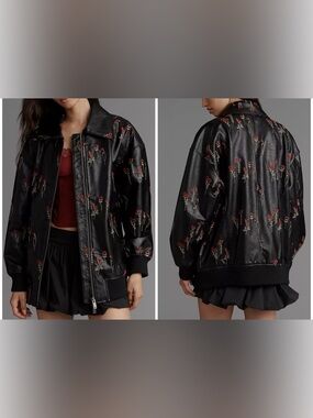 NWOT Anthropologie Maeve Faux Leather Floral-Embroidered Bomber Jacket - small